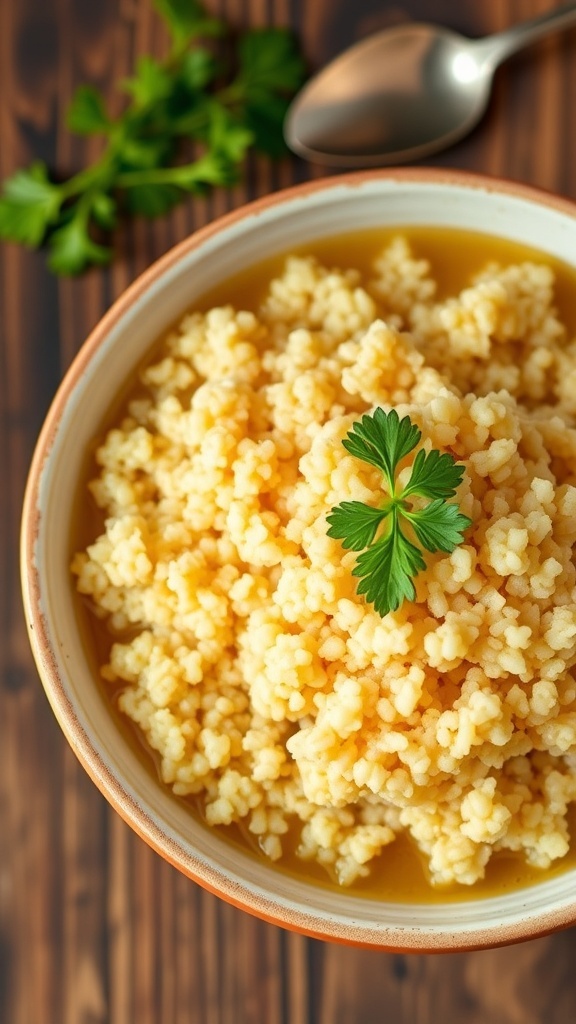 Fluffy quinoa cooked in chicken broth, garnished with parsley in a rustic bowl on a wooden table.